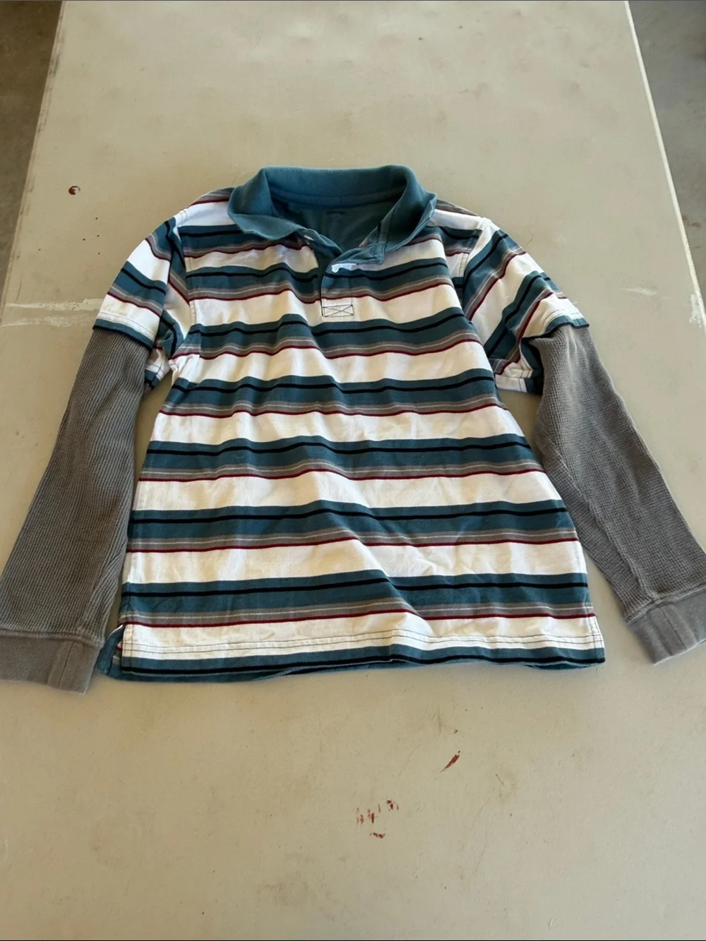 Gymboree 2000s Era Style Striped Layered-Look Polo in White, Teal & Gray